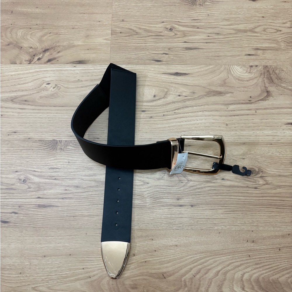 Black Leather Belt with Gold Buckle